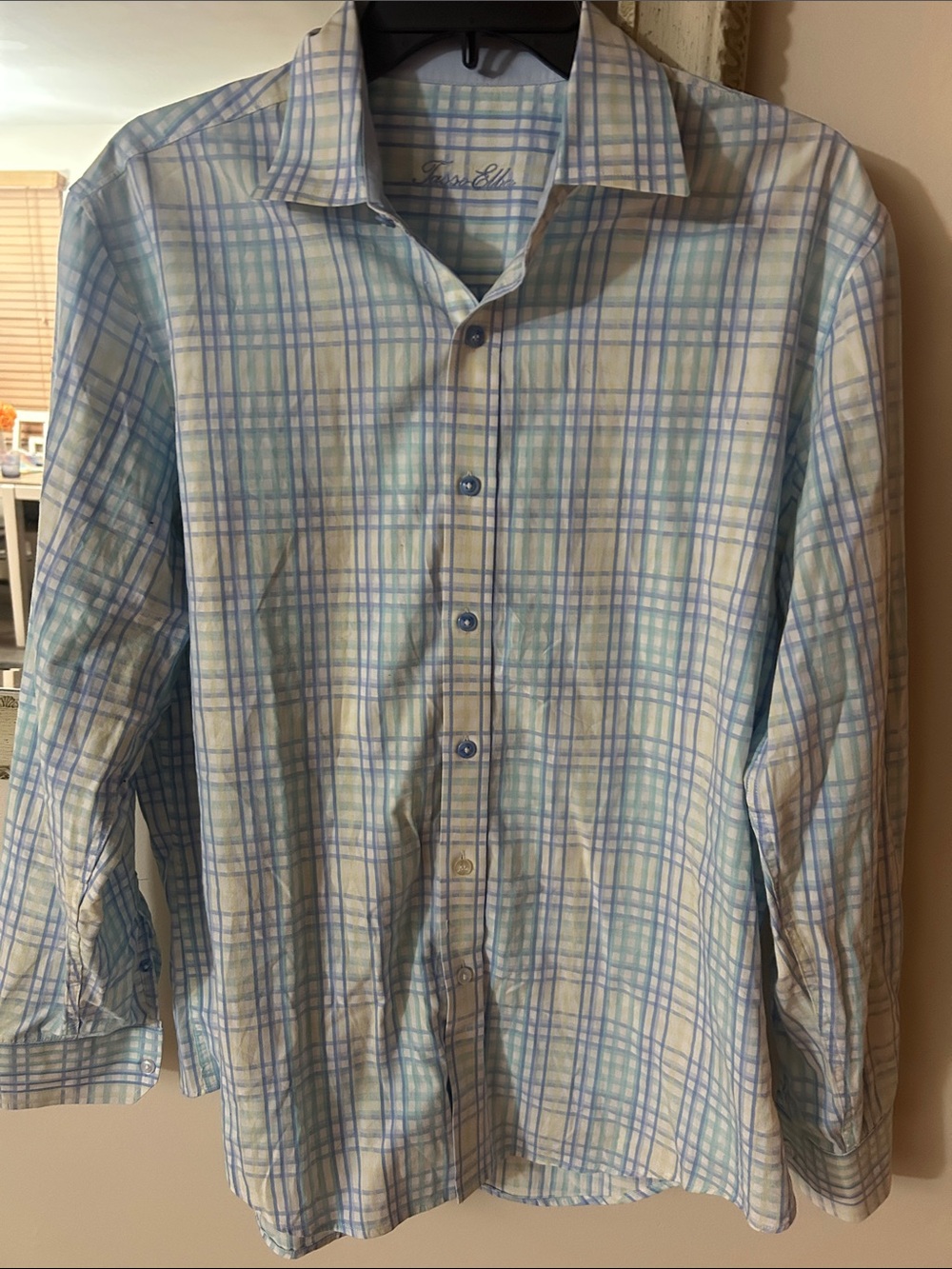 Tasso Elba Light Blue and White Plaid Casual Button-Down Shirt